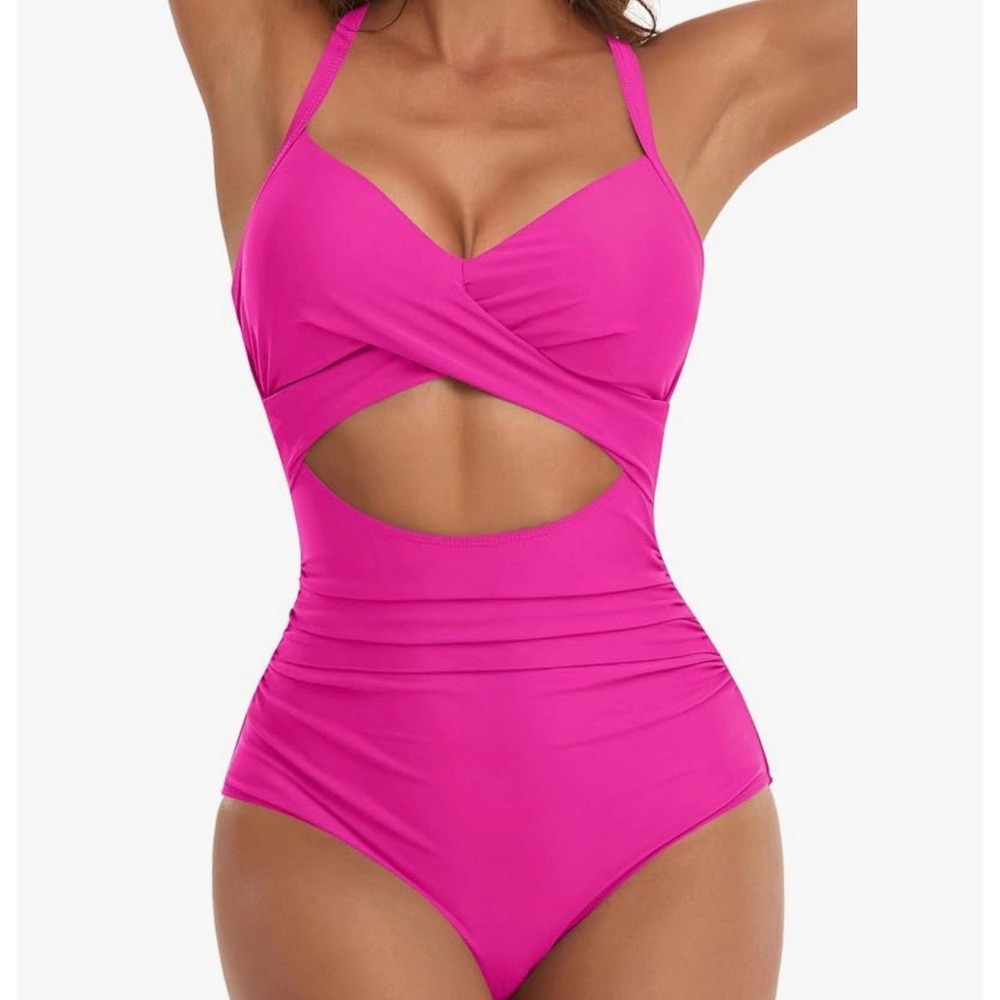 Eomenie Neon Hot Pink One Piece Swimsuit Ruched Cutout Monokini Medium